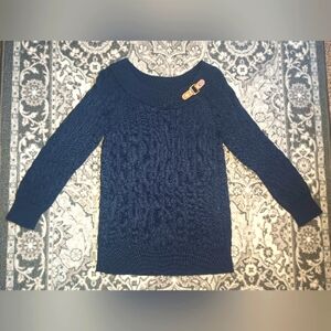 Ralph Lauren Womens Cable Knit Sweater Med Buckle Navy Equestrian Old Money